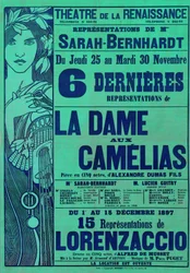 Reklameplakat for La Dame aux Camelias af Alexandre Dumas og Lorenzaccio af Alfred de Musset med Sarah Bernhardt i hovedrollen, Theatre du Renaissance, Paris, 1897